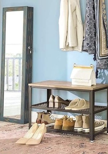 VASAGLE bnk, m. 2 skohylder - greige spnplade og sort stl (73x30)