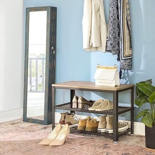 VASAGLE bnk, m. 2 skohylder - greige spnplade og sort stl (73x30)