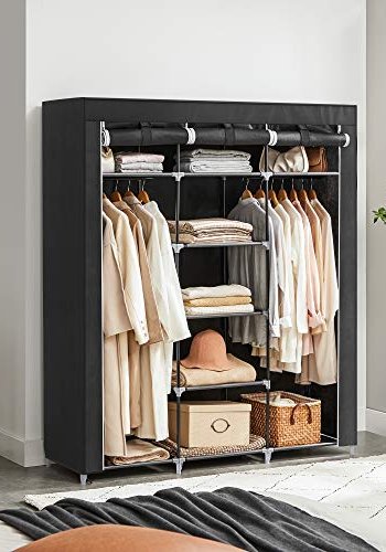SONGMICS garderobeskab, sammenfoldelig, m. 2 bjlestnger og hylder - sort lrred og stl