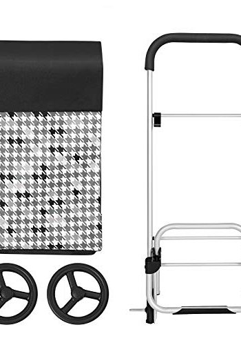 SONGMICS indkbsvogn p hjul, breevne 40L, lommer - sort og Houndstooth mnster stof og aluminium