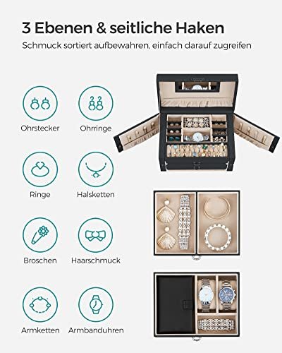 SONGMICS smykkeskrin, m. 2 skuffer, spejl, rejseetui - sort kunstlder