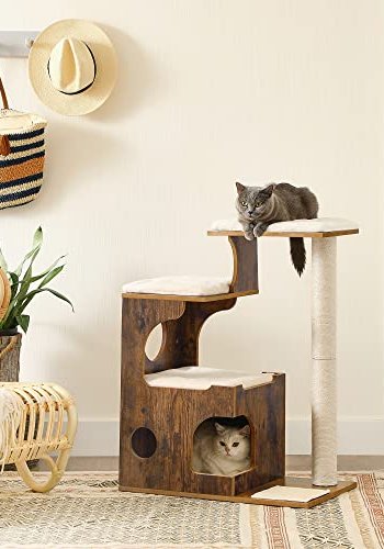 FEANDREA kradsetr, 3 niveauer, 3 platforme, 1 hule - hvid plys, sisal og rustik brun MDF