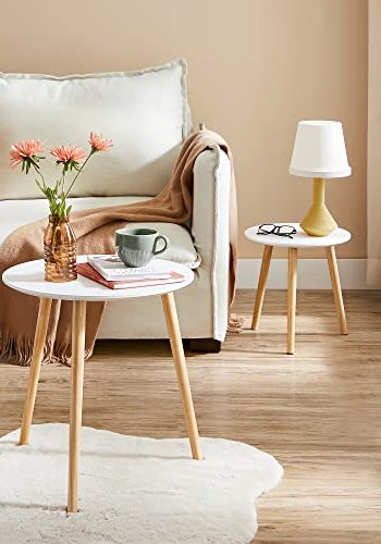 VASAGLE sidebord, rund - hvid MDF og natur fyrretr (st med 2)