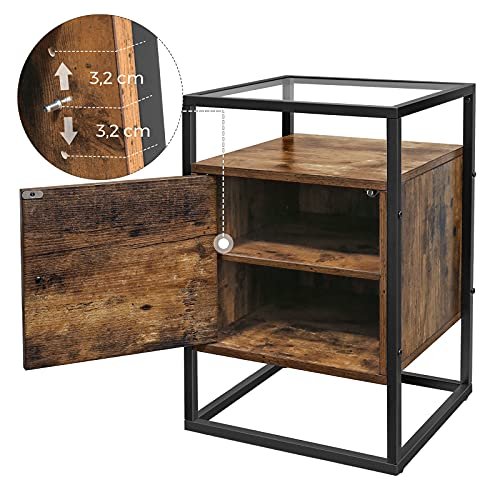 VASAGLE sengebord, m. 1 lge og 1 hylde - hrdet glas, rustik brun spnplade og sort jern (40x40)