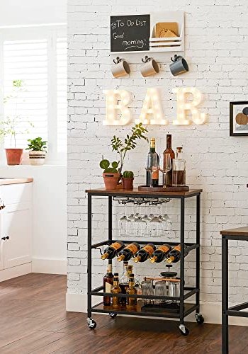 VASAGLE rullebord, hylde, holder til glas og flasker - rustik brun spnplade og sort stl (60x40)