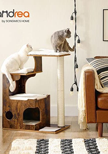 FEANDREA kradsetr, 3 niveauer, 3 platforme, 1 hule - hvid plys, sisal og rustik brun MDF