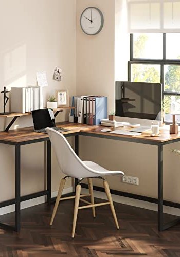 VASAGLE hjrneskrivebord, m. skrmstativ - rustik brun spnplade og sort stl (140x130)