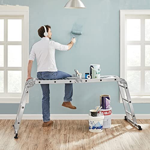 SONGMICS 3,5 m stige, multifunktionsstige, m. 2 metalplader, 12 trin, leddelt - slv aluminium