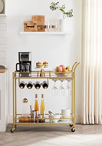 VASAGLE rullebord, m. 1 hylde, holder til glas og flasker - spejlglas og guld stl (80x38)