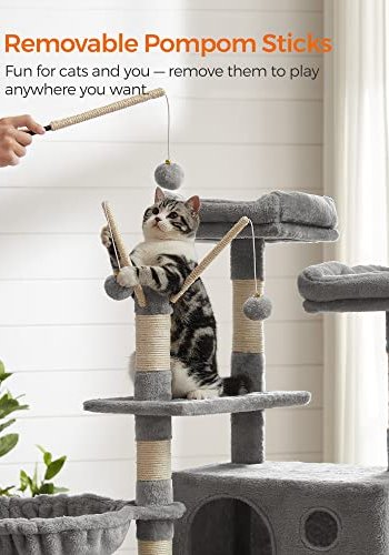 FEANDREA kradsetr, 6 niveauer, 2 platforme, 1 kurv, 1 hule, 3 pomponer, 1 hngekje - lysegr plys