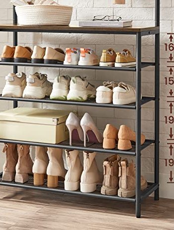 VASAGLE entréopstilling, m. 5 dobbeltkroge og 6 hylder - brun spnplade og sort stl