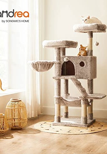 FEANDREA kradsetr, 6 niveauer, 2 platforme, 1 hule, 2 pomponer, 1 hngekje, 1 stol - lysebrun plys