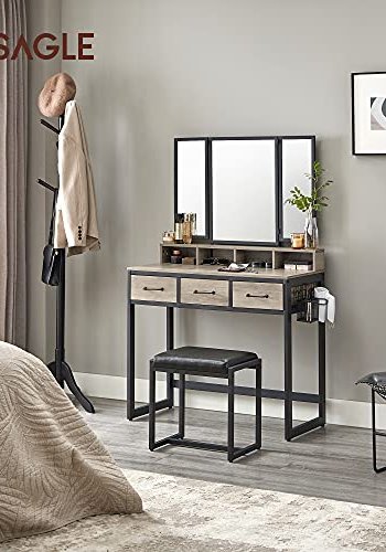 VASAGLE makeupbord, trefoldsspejl, 3 skuffer, 4 rum, taburet - greige spnplade, sort stl (90x40)