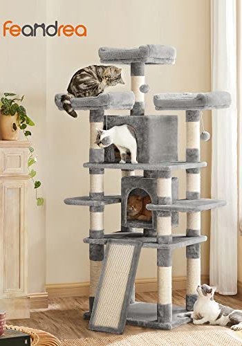 FEANDREA stor kradsetr, 5 niveauer, 3 platforme, 2 huler, 3 pomponer - lysegr plys