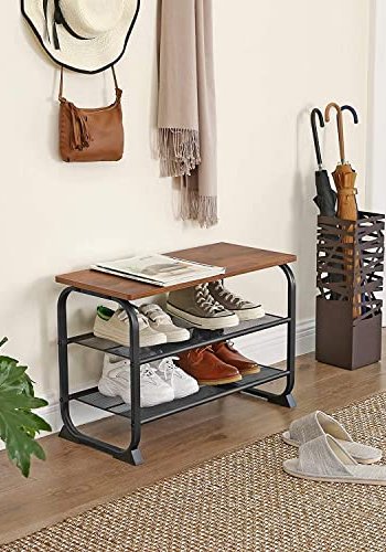 VASAGLE entrébnk, m. 2 mesh-hylder til sko - rustik brun spnplade og sort stl (66x30)