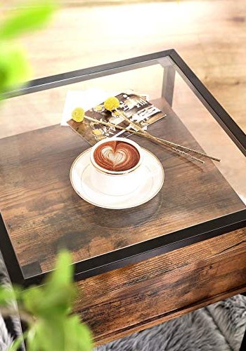 VASAGLE sidebord, m. hylde og skuffe - klar glas, rustik brun spnplade og sort jern (43x43)