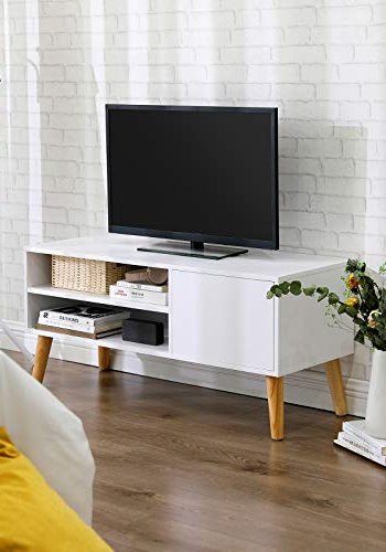 VASAGLE TV-bord, m. 1 lge og 1 hylde - hvid spnplade og natur tr (110x40)