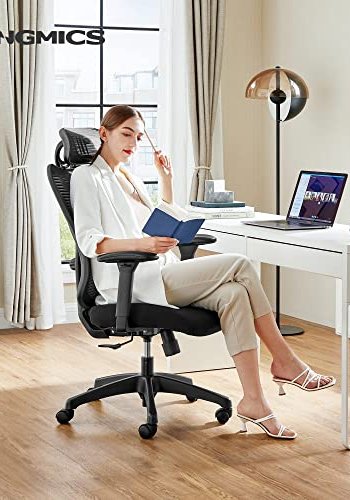 SONGMICS kontorstol, m. armln og justerbar lndesttte og nakkesttte - sort polyester/plastik/stl