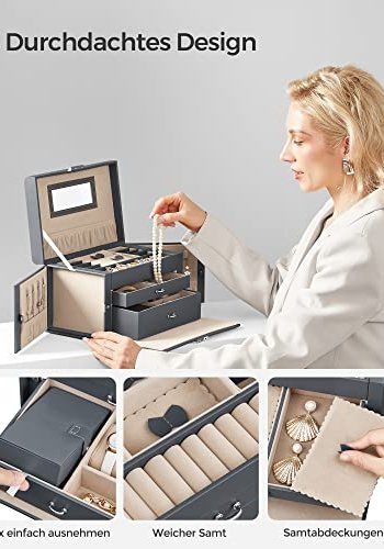 SONGMICS smykkeskrin, lsbar, m. 3 lag, rejseetui, 2 skuffer, spejl - gr PU