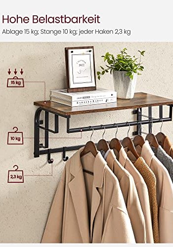 VASAGLE hattehylde, m. 5 knager og 1 bjlestang - brun spnplade og sort stl