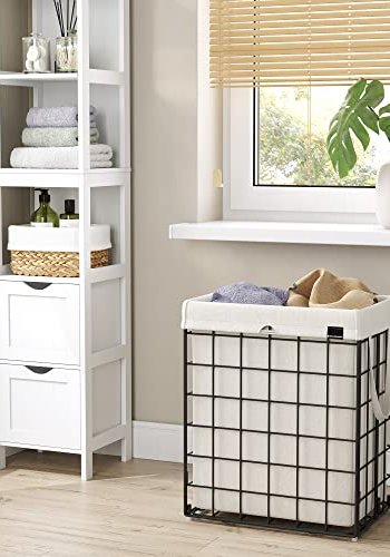 SONGMICS vasketjskurv, sammenklappelig, med aftagelig vaskbar pose - hvid stof og sort stl