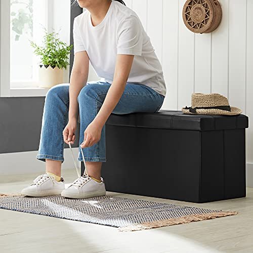 SONGMICS puf, rektangulr, foldbar, m. opbevaringsplads -  sort kunstlder (76x38)