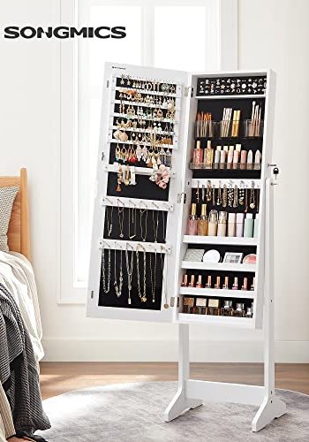 SONGMICS smykkeskab, lsbar, m. spejl, 2 plastikopbevaring til kosmetik - spejlglas og hvid MDF