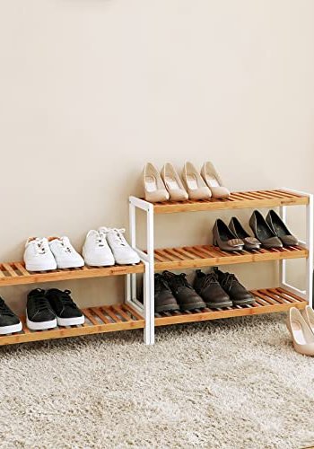 SONGMICS skohylde, m. 3 hylder - natur og hvid bambus (70x26)