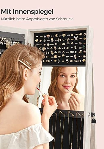 SONGMICS smykkeskab, 360° drejelig, m. spejl, hylder, 3-i-1 lsbar - hvid med grlig trkorn MDF