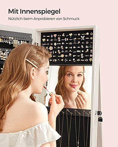 SONGMICS smykkeskab, 360° drejelig, m. spejl, hylder, 3-i-1 lsbar - hvid med grlig trkorn MDF