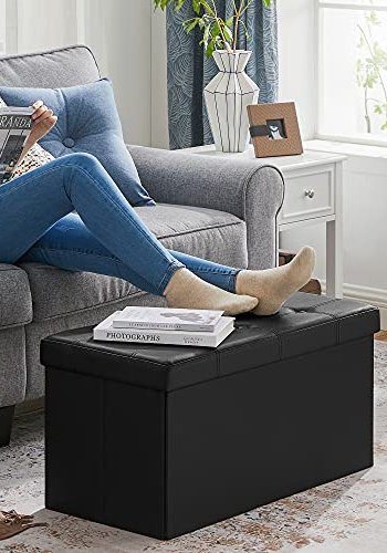 SONGMICS puf, rektangulr, foldbar, m. opbevaringsplads -  sort kunstlder (76x38)