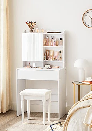 VASAGLE makeupbord, m. spejl, 1 skuffe og 2 hylder - spejlglas og hvid spnplade (70x40)