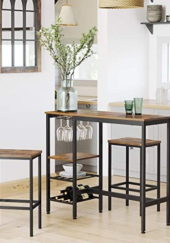 VASAGLE barbord, m. vinglasholder, flaskehylder, hylde - rustik brun spnplade og sort stl (110x40)