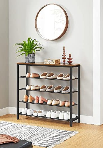 VASAGLE skohylde, m. 4 mesh-hylder - brun spnplade og sort stl