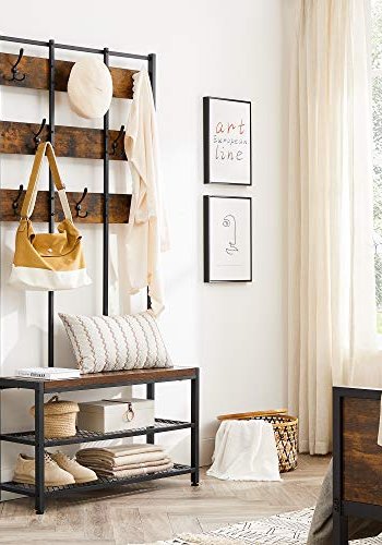 VASAGLE entréopstilling, m. 8 dobbelte knager, 1 sde og 2 mesh-hylder - brun spnplade og sort stl