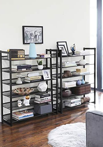 SONGMICS 12-lags skohylde, st med 2 stabelbare 6-lags skoholdere, 48-60 par sko, stor kapacitet, metalnet skohylde, justerbare flade eller vinklede hylder, sort LMR12B