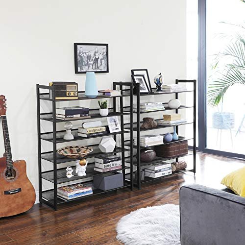 SONGMICS 12-lags skohylde, st med 2 stabelbare 6-lags skoholdere, 48-60 par sko, stor kapacitet, metalnet skohylde, justerbare flade eller vinklede hylder, sort LMR12B