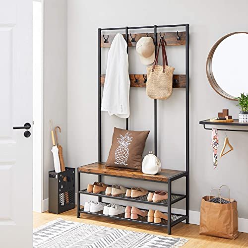 VASAGLE entréopstilling, m. 12 kroge, 3 hylder - brun spnplade og sort stl