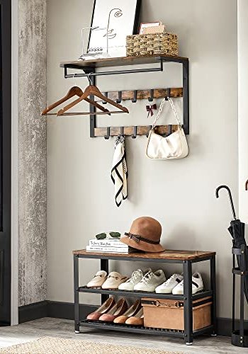 VASAGLE hattehylde, m. 10 knager og 1 bjlestang - brun spnplade og sort stl