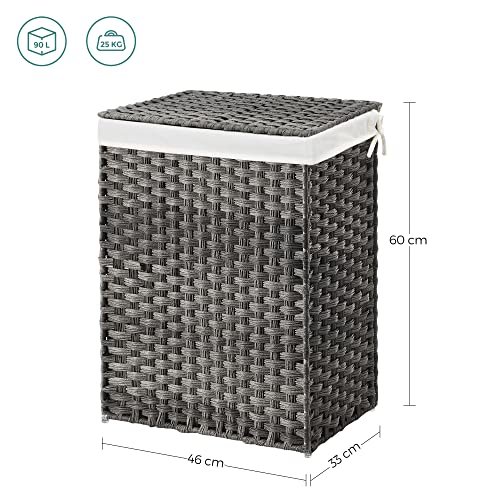 SONGMICS vasketjskurv, 90L, foldbar, m. lg, hndtag, aftagelig foringspose - gr polyrattan