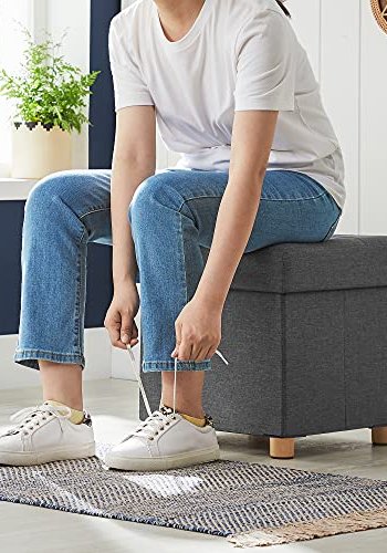 SONGMICS puf, sammenklappelig, m. lg - mrkegr imiteret linned og natur tr (38x38)