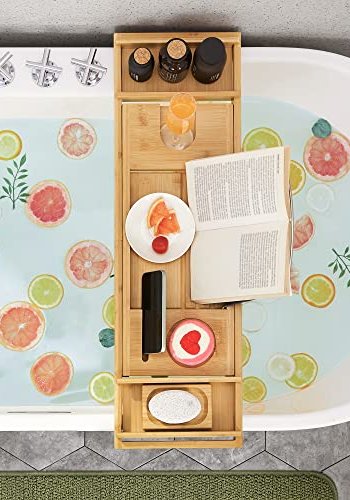 SONGMICS badekarsbakke, udtrkkelig, m. drikkeholder, bogsttte, sbeholder - natur bambus