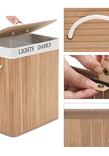 SONGMICS vasketjskurv, foldbar, m. 1 lg, 2 rum, aftagelig vaskepose - bomuld og natur bambus