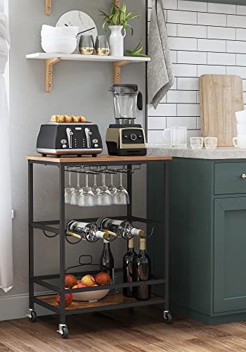 VASAGLE rullebord, hylde, holder til glas og flasker - rustik brun spnplade og sort stl (60x40)