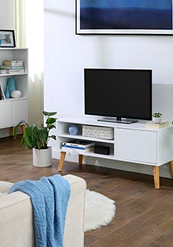 VASAGLE TV-bord, m. 1 lge og 1 hylde - hvid spnplade og natur tr (110x40)