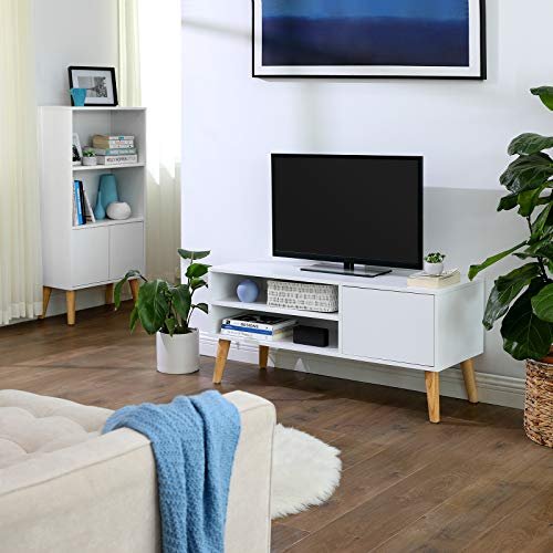 VASAGLE TV-bord, m. 1 lge og 1 hylde - hvid spnplade og natur tr (110x40)