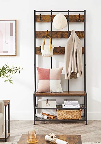 VASAGLE entréopstilling, m. 8 dobbelte knager, 1 sde og 2 mesh-hylder - brun spnplade og sort stl