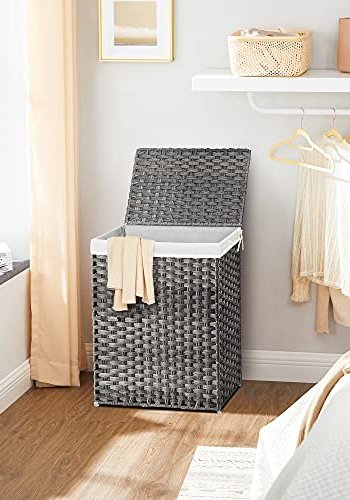 SONGMICS vasketjskurv, 90L, foldbar, m. lg, hndtag, aftagelig foringspose - gr polyrattan