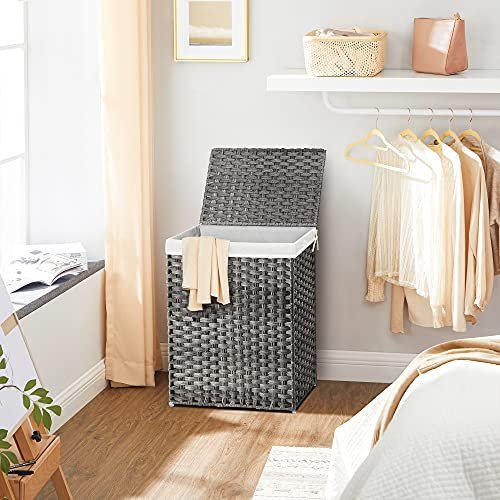 SONGMICS vasketjskurv, 90L, foldbar, m. lg, hndtag, aftagelig foringspose - gr polyrattan