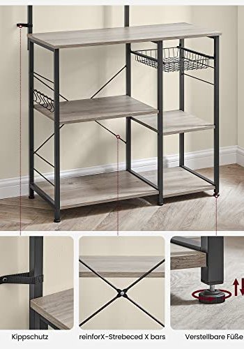 VASAGLE kkkenreol, m. 6 S-kroge, trdkurv og 6 hylder - greige spnplade og sort stl